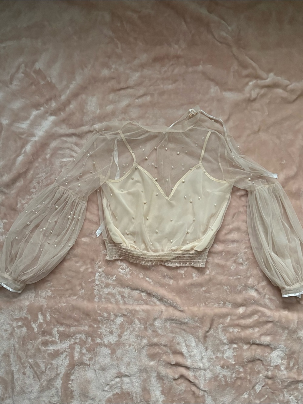 Sheer Pearl-Embellished Cream Crop Top